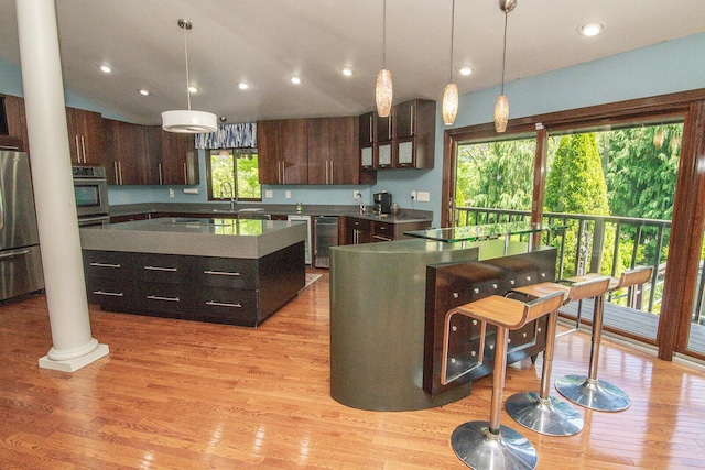 kitchen featuring appliances with stainless steel finishes, a center island, light wood-style flooring, and dark brown cabinetry