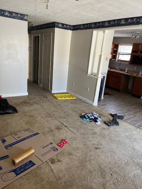 407 E E Shelby St, Falmouth, KY 41040 - unfurnished living room with baseboards, carpet, and a textured ceiling