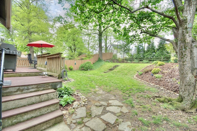 view of yard featuring fence and a wooden deck