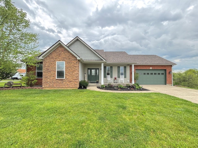 view of front of home with roof with shingles, an attached garage, a porch, a front yard, and concrete driveway