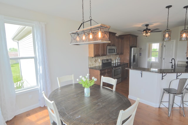 dining space with baseboards, ceiling fan, and wood finished floors