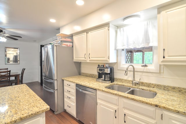 1376 Symbo Ln, Walton, KY 41094 - kitchen with ceiling fan, dark wood-style flooring, a sink, white cabinets, and stainless steel appliances