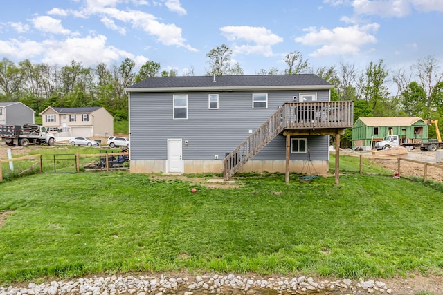 465 Eagle Creek Dr, Dry Ridge, KY 41035 - back of house featuring a fenced backyard, a wooden deck, a yard, and stairway