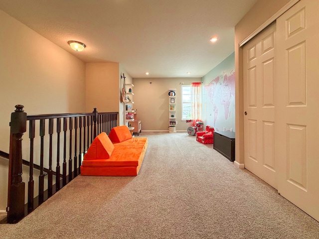 rec room with carpet flooring, baseboards, and recessed lighting