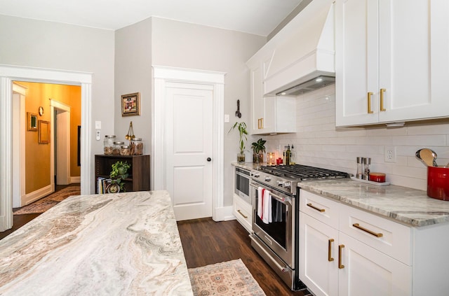 816 Highland Ave, Fort Wright, KY 41011 - kitchen featuring high end stove, custom range hood, decorative backsplash, light stone countertops, and dark wood-type flooring