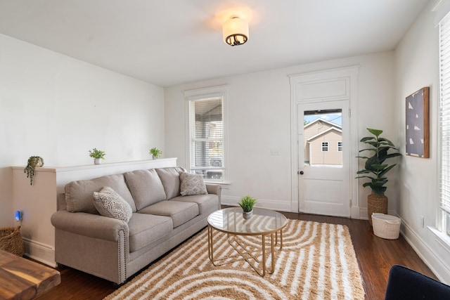 living room with a healthy amount of sunlight, baseboards, electric panel, and wood finished floors