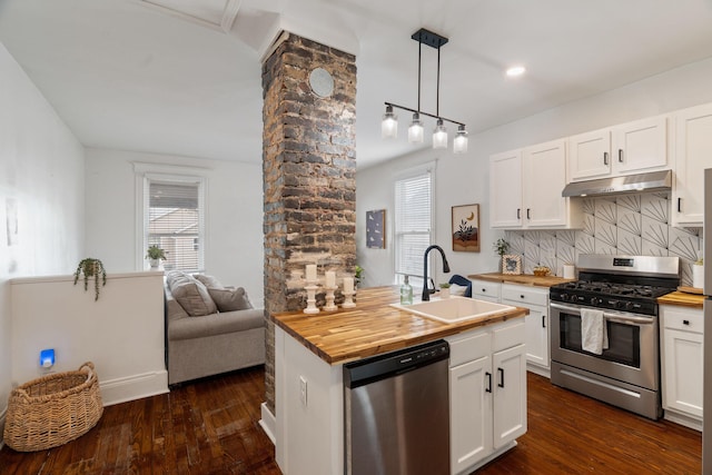 kitchen with under cabinet range hood, stainless steel appliances, wood counters, and a sink