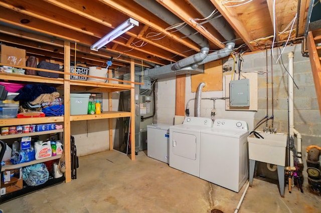 unfinished below grade area with washing machine and dryer, electric panel, and heating unit