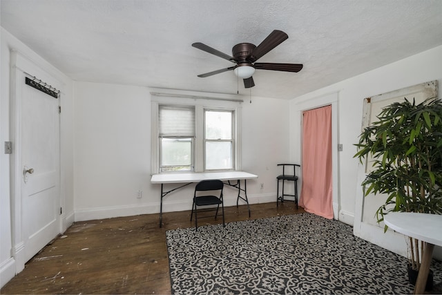 office area featuring ceiling fan, baseboards, and hardwood / wood-style floors