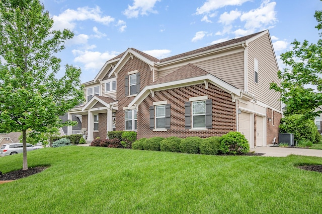 view of front of property featuring concrete driveway, cooling unit, brick siding, a front lawn, and an attached garage