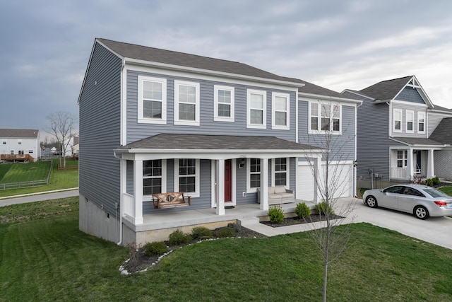 12062 Ambruzzi Dr, Walton, KY 41094 - view of front facade featuring a porch, concrete driveway, a front lawn, and a shingled roof