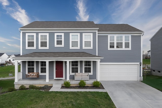 12062 Ambruzzi Dr, Walton, KY 41094 - view of front of property with covered porch, a garage, driveway, a front lawn, and a shingled roof