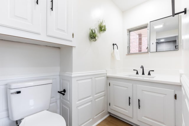 half bathroom with toilet, wood finished floors, a wainscoted wall, a decorative wall, and vanity