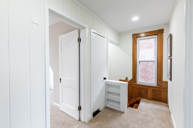 hall featuring wood walls, carpet flooring, and a wainscoted wall