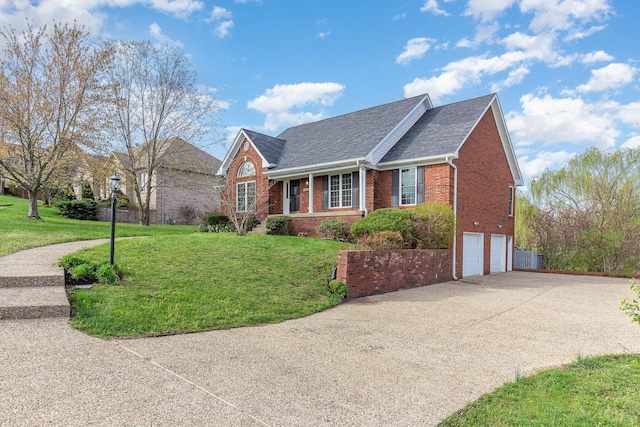 2600 Sunningdale Pl E, La Grange, KY 40031 - ranch-style home featuring brick siding, an attached garage, concrete driveway, a front yard, and roof with shingles