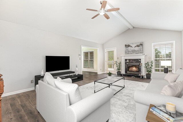 2600 Sunningdale Pl E, La Grange, KY 40031 - living room featuring wood finished floors, ceiling fan, baseboards, and a fireplace
