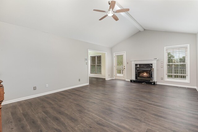 2600 Sunningdale Pl E, La Grange, KY 40031 - unfurnished living room featuring beamed ceiling, ceiling fan, baseboards, dark wood-style floors, and high vaulted ceiling