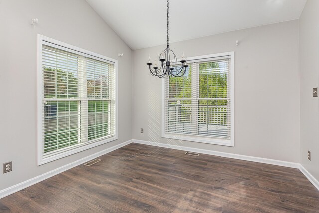 2600 Sunningdale Pl E, La Grange, KY 40031 - unfurnished dining area with a chandelier, baseboards, vaulted ceiling, and dark wood-style flooring