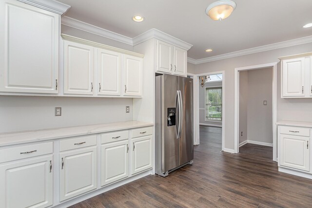 2600 Sunningdale Pl E, La Grange, KY 40031 - kitchen featuring stainless steel fridge, ornamental molding, dark wood-type flooring, white cabinets, and baseboards