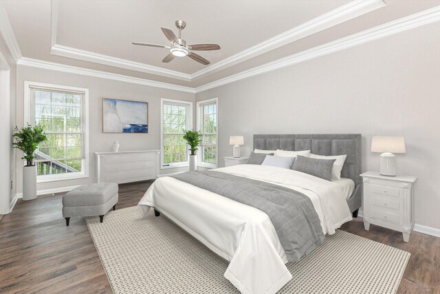 2600 Sunningdale Pl E, La Grange, KY 40031 - bedroom with a tray ceiling, dark wood-type flooring, crown molding, baseboards, and a ceiling fan