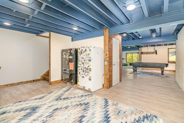 850 Stablewatch Dr, Independence, KY 41051 - below grade area featuring wood finished floors, billiards, freestanding refrigerator, and baseboards