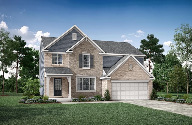 craftsman house with driveway, an attached garage, a front lawn, and roof with shingles