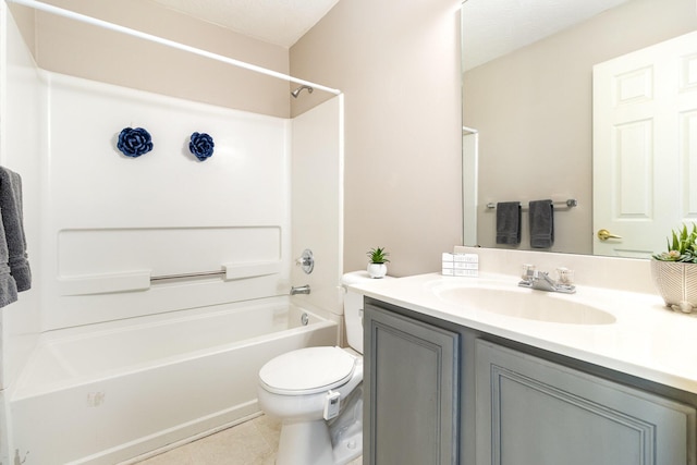 bathroom with bathing tub / shower combination, toilet, tile patterned flooring, and vanity