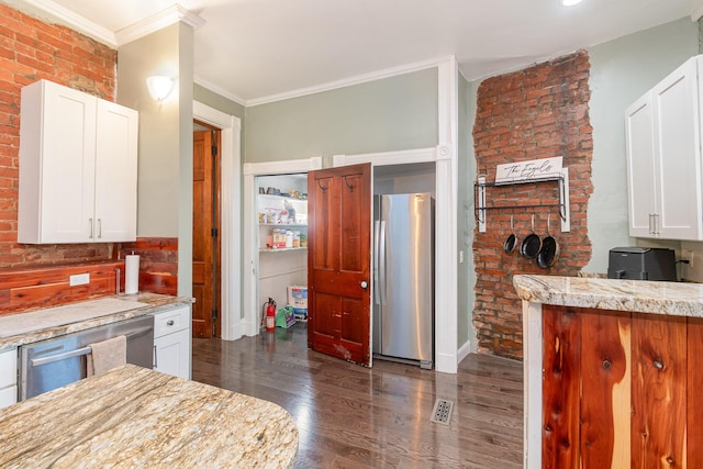 346 W 9th St W, Covington, KY 41011 - kitchen featuring stainless steel appliances, dark wood finished floors, white cabinetry, ornamental molding, and light stone countertops