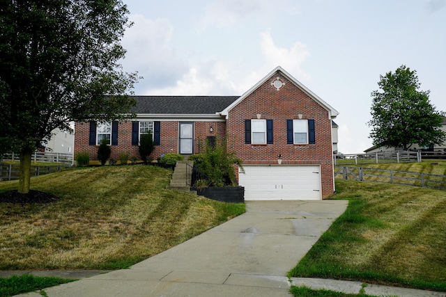 view of front facade with a garage, brick siding, driveway, and roof with shingles