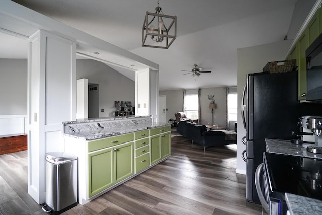 kitchen featuring green cabinetry, electric range oven, ceiling fan, open floor plan, and dark wood-style flooring