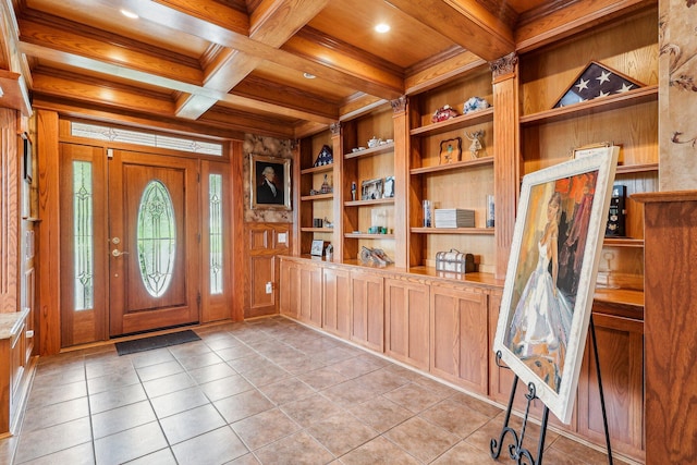 214 Clifton Ave, Newport, KY 41071 - foyer entrance with wooden ceiling, beamed ceiling, wood walls, recessed lighting, and crown molding