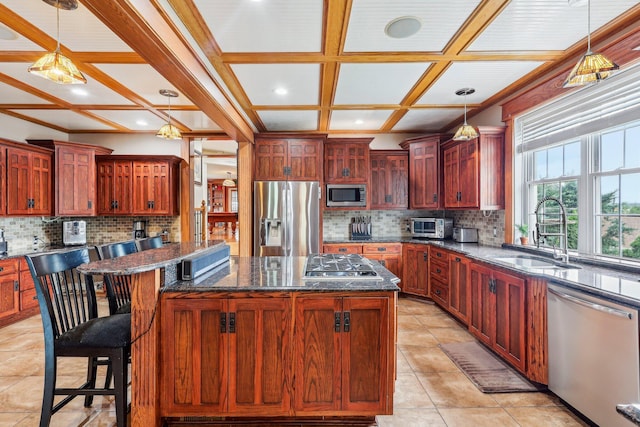 214 Clifton Ave, Newport, KY 41071 - kitchen with appliances with stainless steel finishes, coffered ceiling, a sink, a center island, and tasteful backsplash