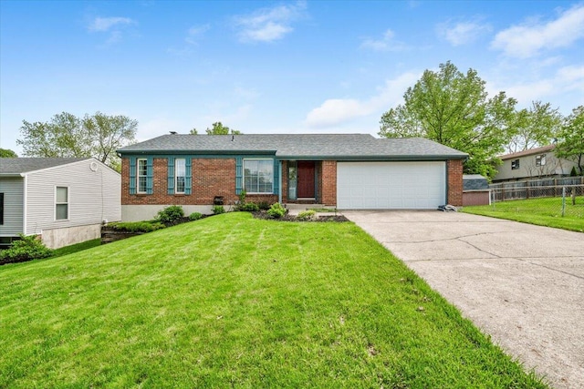 single story home featuring brick siding, a garage, and concrete driveway