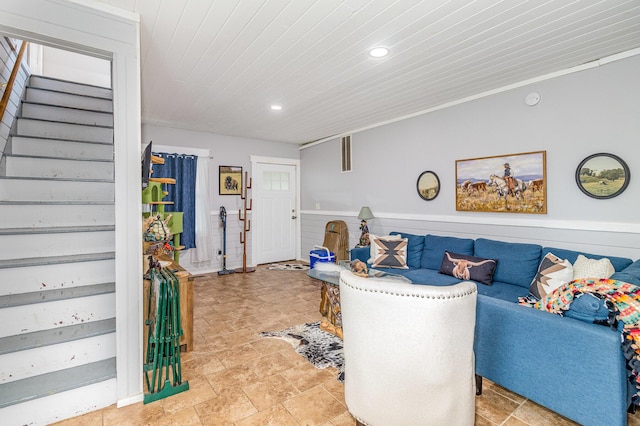 7595 Willow Lenoxburg Rd, Foster, KY 41043 - living area featuring stairs, wood ceiling, recessed lighting, light stone finish floors, and wainscoting