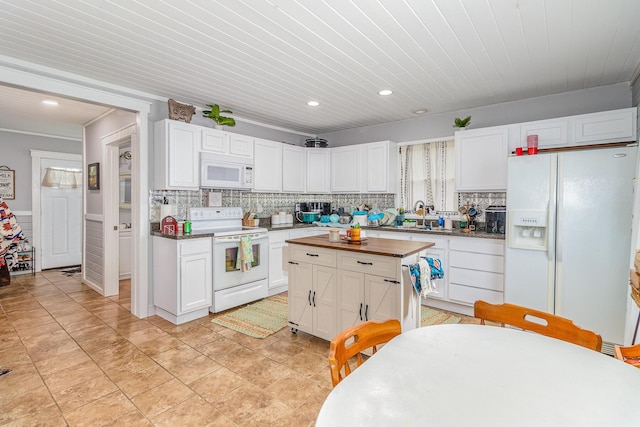 7595 Willow Lenoxburg Rd, Foster, KY 41043 - kitchen with white appliances, recessed lighting, white cabinetry, wooden counters, and backsplash