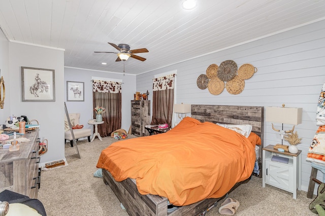 7595 Willow Lenoxburg Rd, Foster, KY 41043 - bedroom with carpet, crown molding, a ceiling fan, wooden ceiling, and wood walls