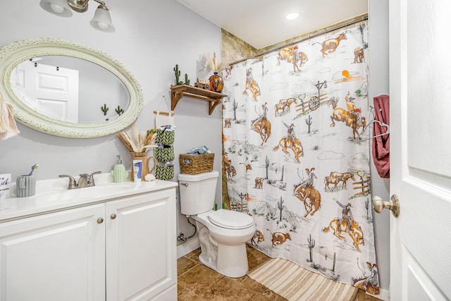 7595 Willow Lenoxburg Rd, Foster, KY 41043 - full bathroom featuring vanity, toilet, curtained shower, tile patterned flooring, and recessed lighting