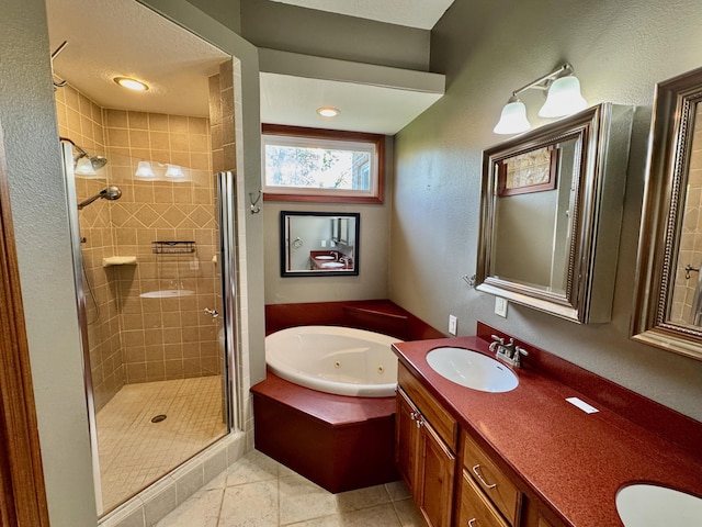 410 Links View Dr, Butler, KY 41006 - bathroom with a stall shower, a whirlpool tub, double vanity, tile patterned floors, and a textured wall