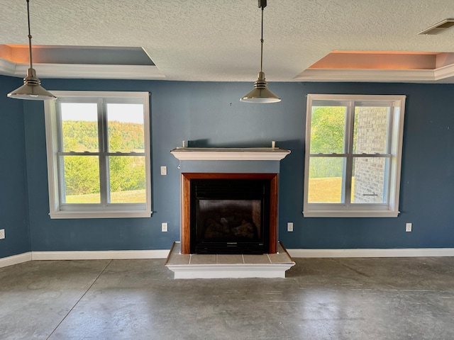 410 Links View Dr, Butler, KY 41006 - unfurnished living room with a textured ceiling, concrete flooring, a fireplace with raised hearth, baseboards, and a raised ceiling