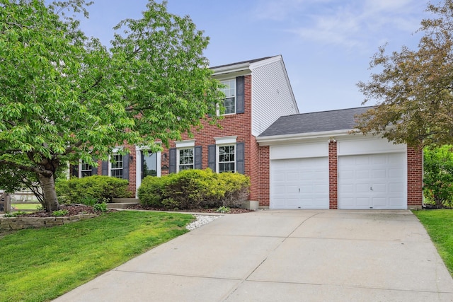 view of front facade featuring a garage, concrete driveway, a front yard, and brick siding