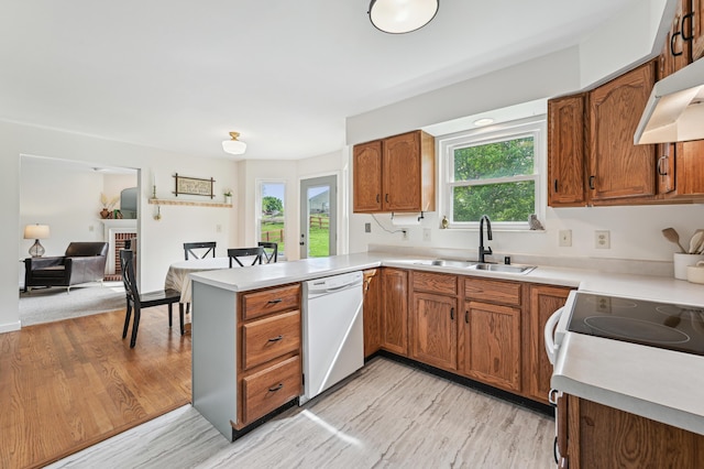 kitchen featuring a sink, dishwasher, a peninsula, and healthy amount of natural light