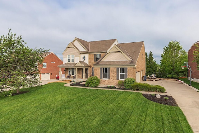 2282 Treetop Ln, Hebron, KY 41048 - craftsman house with a porch, driveway, a front yard, and brick siding