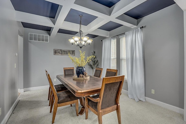 2282 Treetop Ln, Hebron, KY 41048 - carpeted dining space featuring coffered ceiling, a chandelier, baseboards, and beamed ceiling