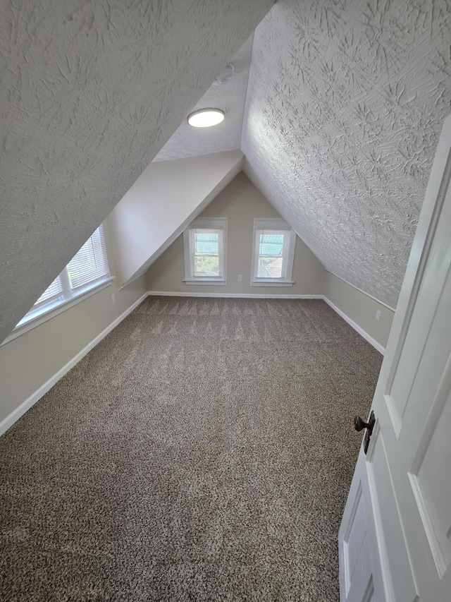 additional living space featuring lofted ceiling, carpet floors, baseboards, and a textured ceiling