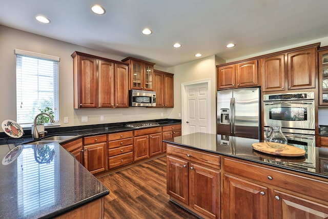 kitchen featuring stainless steel appliances, a sink, recessed lighting, glass insert cabinets, and dark wood finished floors