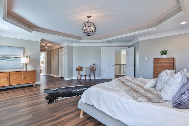 bedroom featuring a tray ceiling, crown molding, recessed lighting, a chandelier, and dark wood-style floors