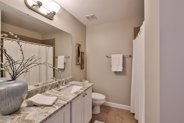 bathroom with toilet, tile patterned flooring, vanity, baseboards, and a shower with curtain