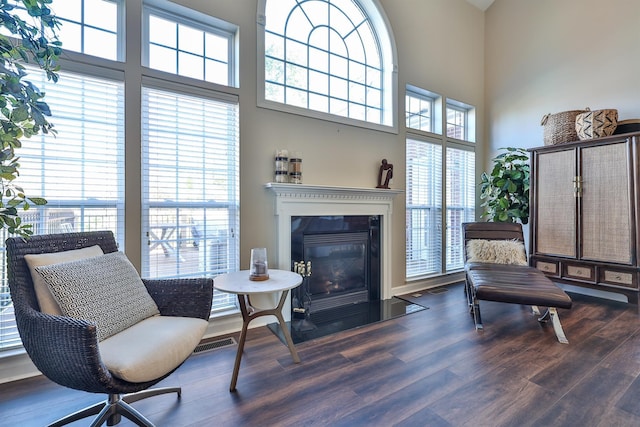 living area featuring wood finished floors, a high ceiling, and a fireplace with flush hearth