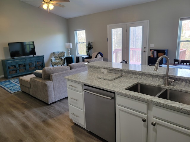 6403 Arabian Dr, Independence, KY 41051 - kitchen featuring stainless steel dishwasher, a sink, open floor plan, and ceiling fan