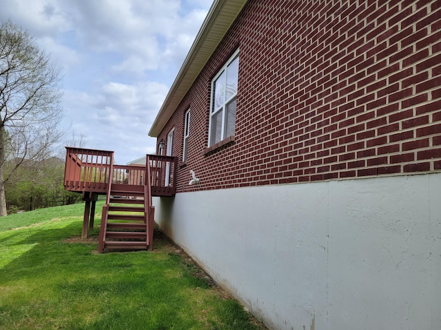 6403 Arabian Dr, Independence, KY 41051 - view of side of property featuring a wooden deck, brick siding, a lawn, and stairway